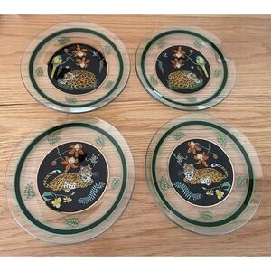 Lynn Chase Signed Jaguar Jungle Glass Dessert/Salad Plates Set Of 4 9.75”